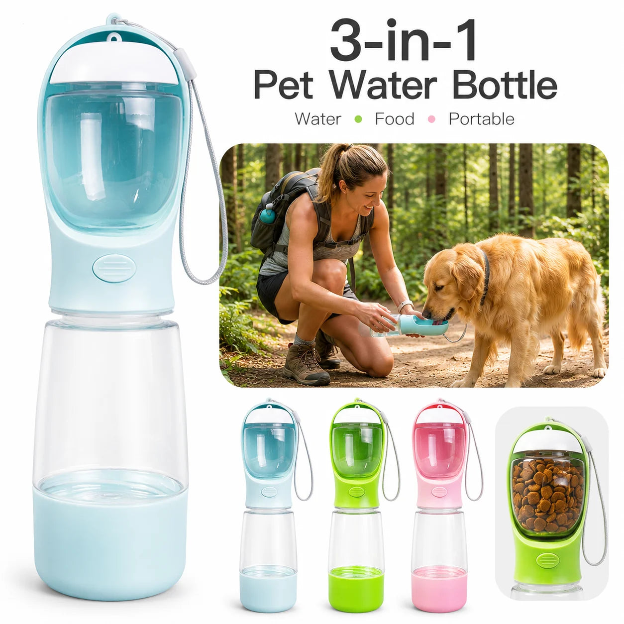 3-in-1 Portable Dog Water Bottle with Collapsible Food & Water Bowl